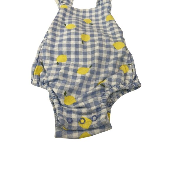 Baby Romper 12M Blue White Gingham Lemon Print Cotton Adjustable Straps Carters - Picture 2 of 8